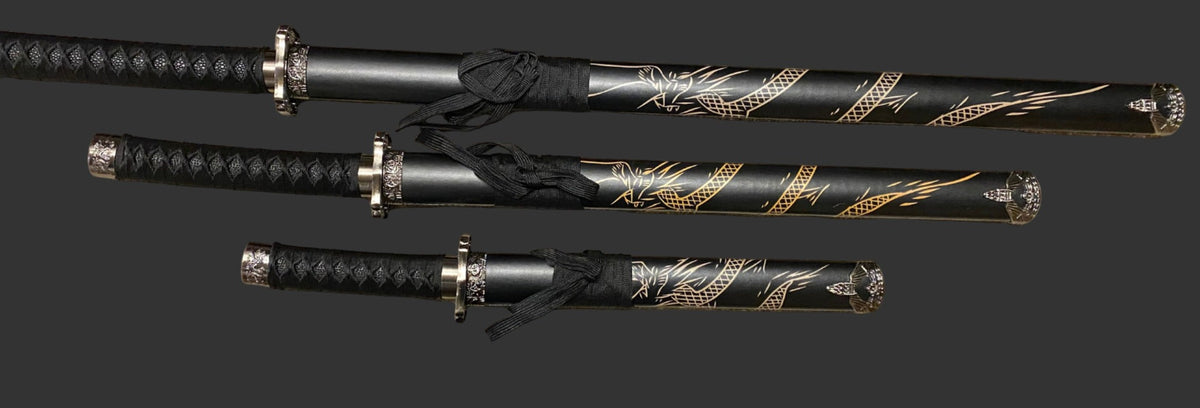 Dragon Black 440 Steel Samurai Sword Katana Set of 3