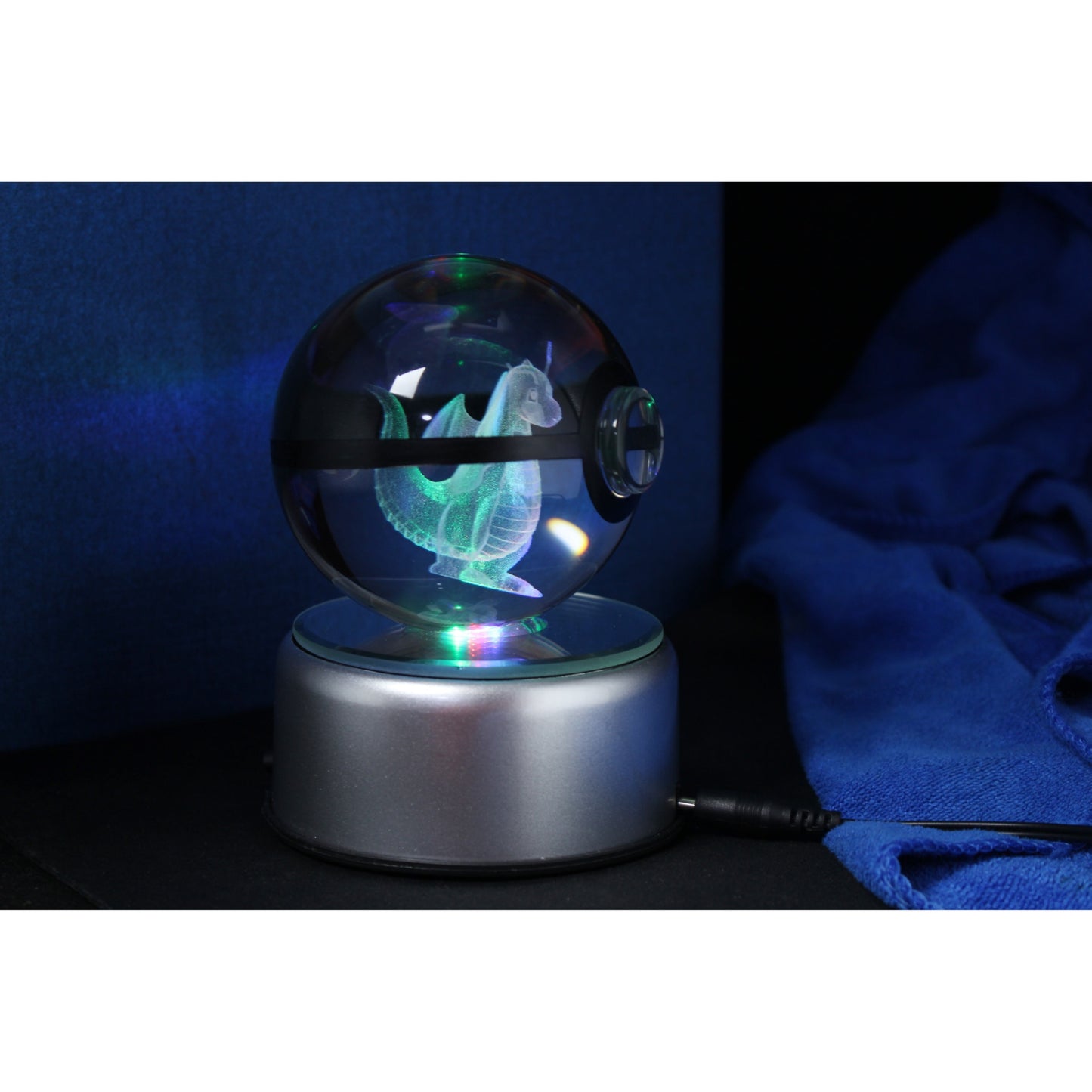 Pokemon Ball Dragonite Glass Crystal Pokeball 28 with Light-Up LED Base Ornament 80mm XL Size