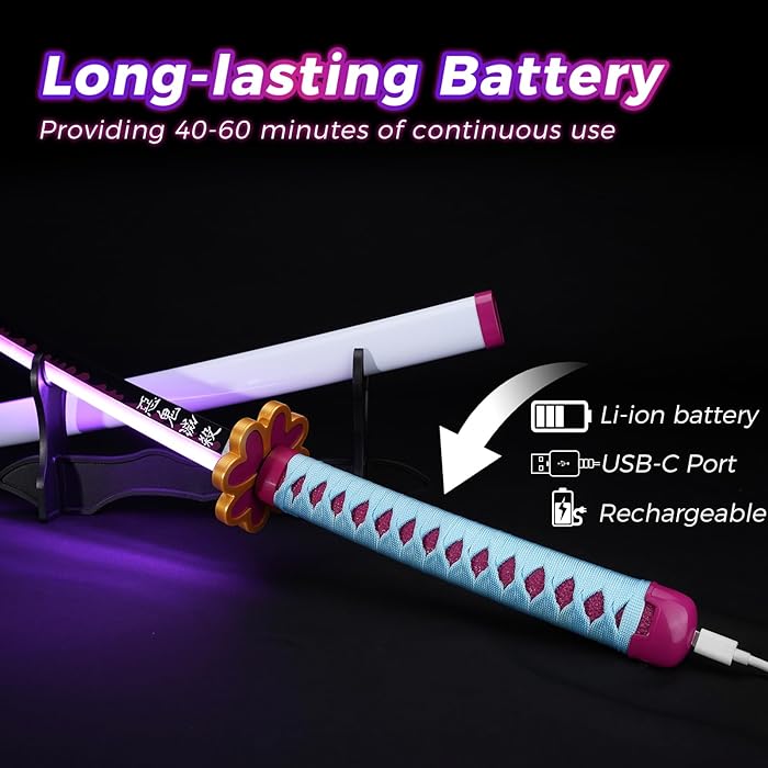 Demon Slayer Mitsuri LED Light Up Sword USB C Rechargable 40 Inch Wood & Plastic Cosplay Prop Replica