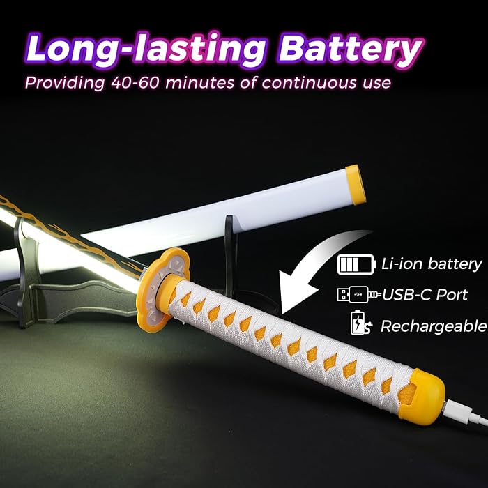 Demon Slayer Zenitsu LED Light Up Sword USB C Rechargable 40 Inch Wood & Plastic Cosplay Prop Replica