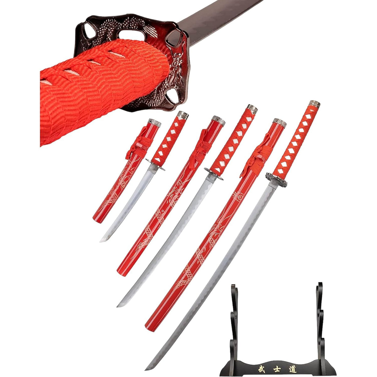 Dragon Red Carbon Steel Samurai Sword Katana Set of 3