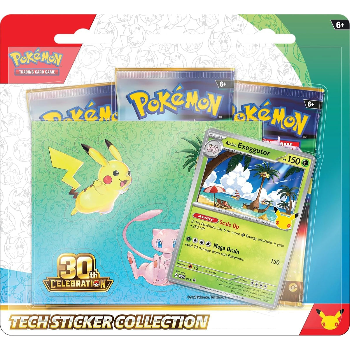 Pokemon TCG: 30th Celebration Tech Sticker Collection—Alolan Exeggutor (1 Foil Promo Card & 3 Booster Packs)