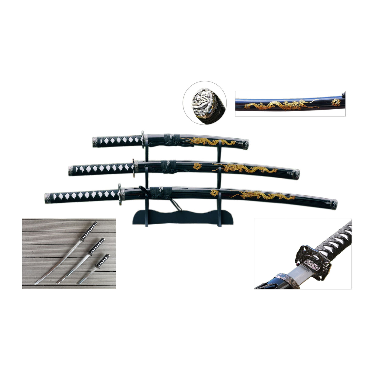 Black Dragon Samurai Metal Sword Set of 3