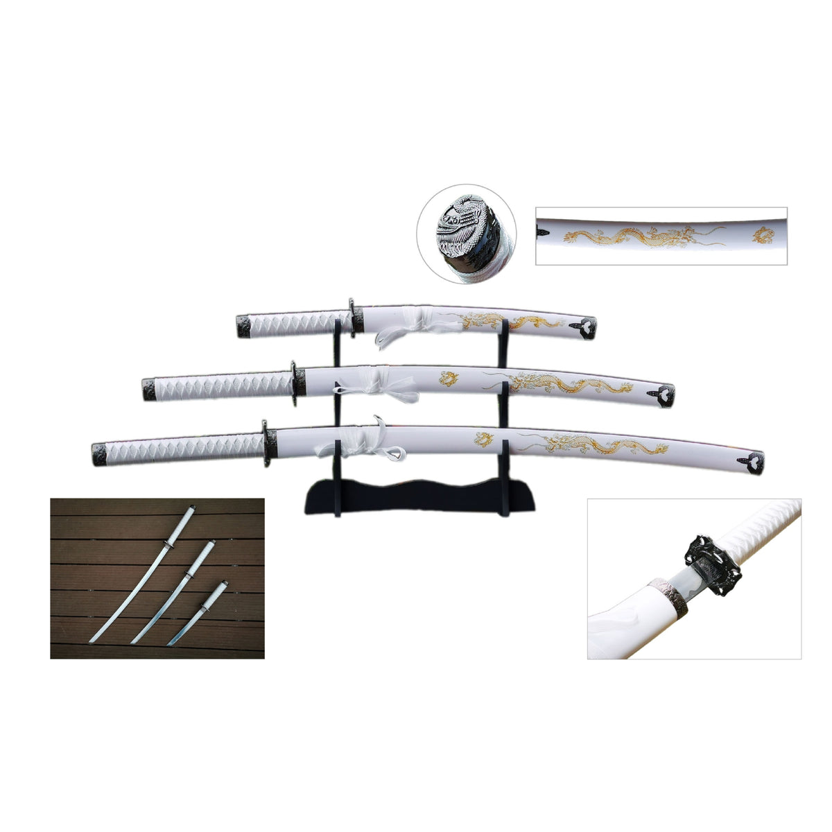 White Dragon Samurai Metal Sword Set of 3