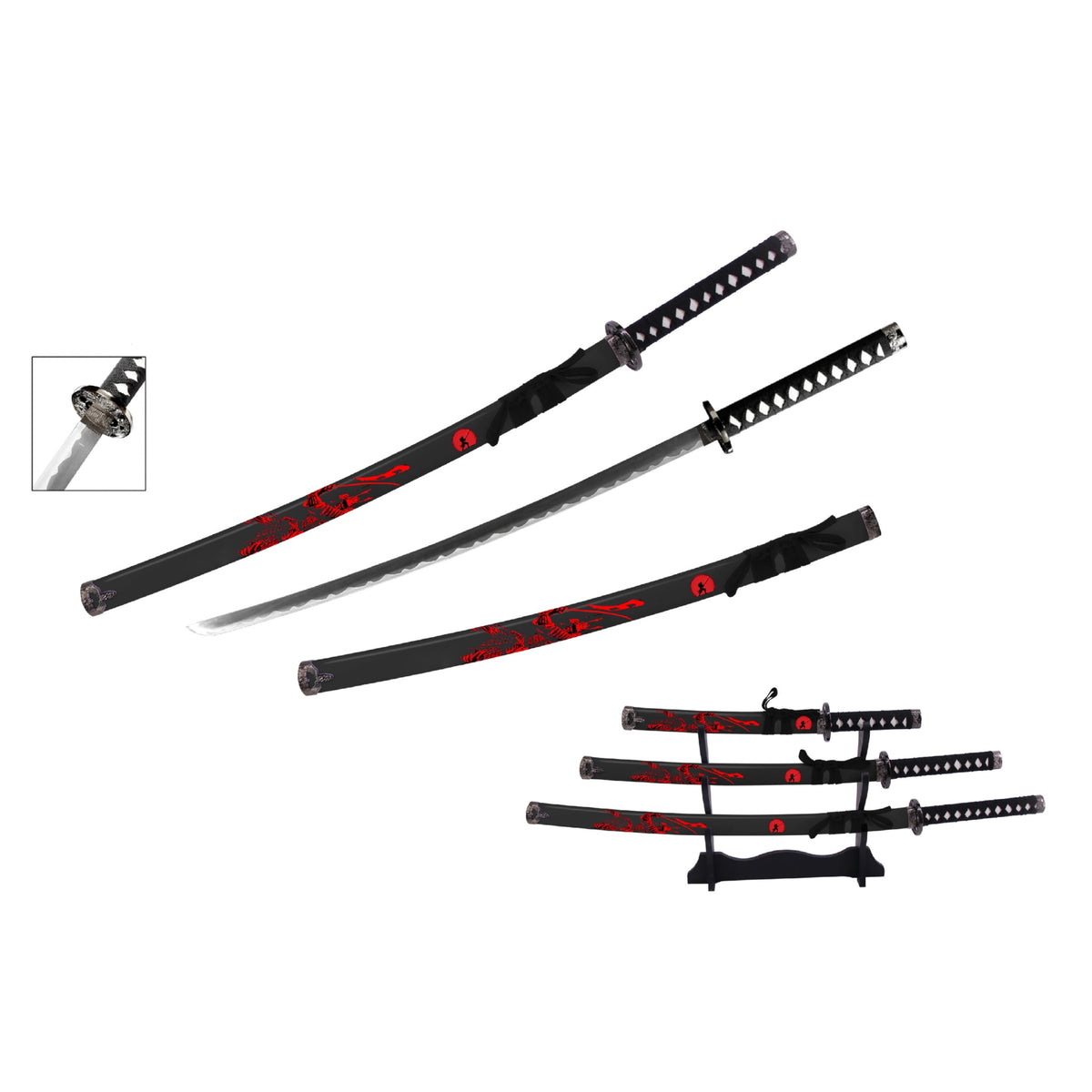 Black & Red Samurai Metal Sword Set of 3