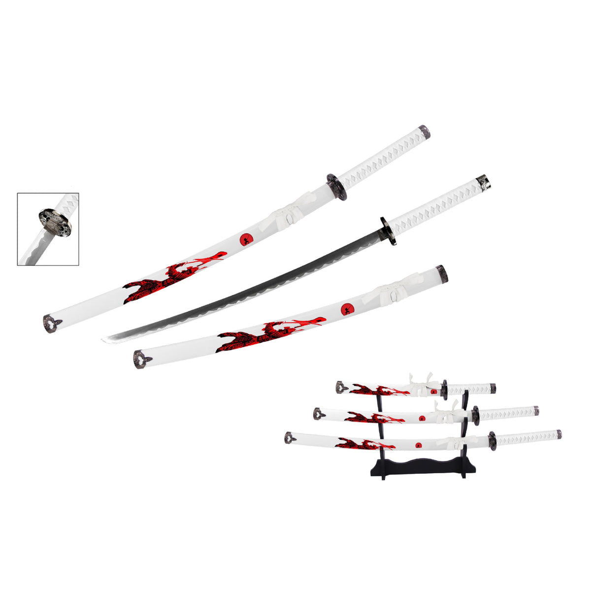 White & Red Samurai Metal Sword Set of 3