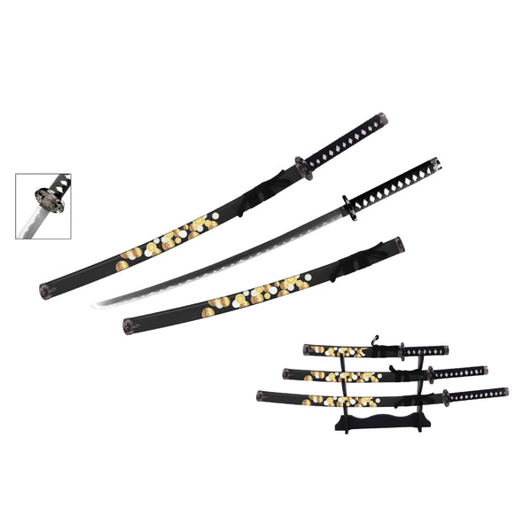 Black & Yellow Floral Samurai Metal Sword Set of 3