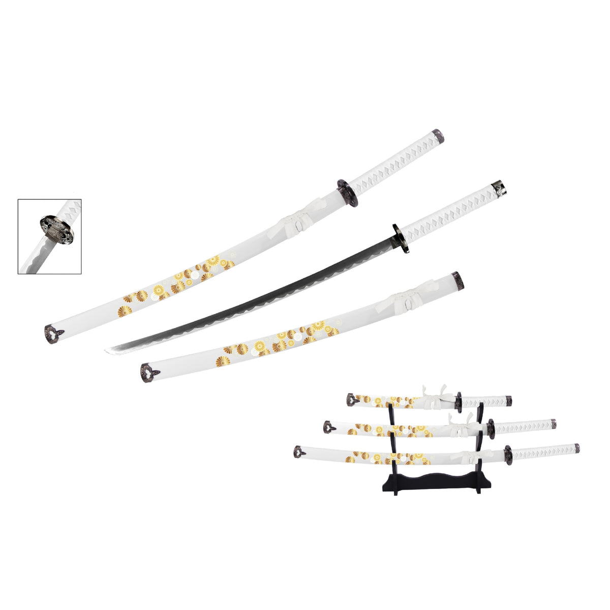 White & Yellow Floral Samurai Metal Sword Set of 3