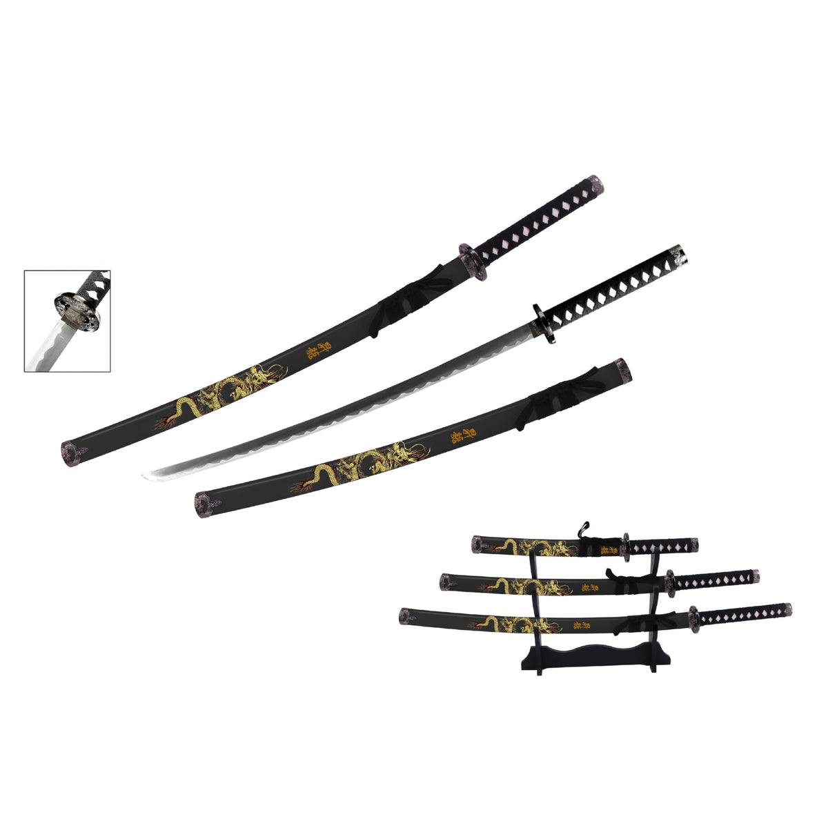 Black & Yellow Dragon Samurai Metal Sword Set of 3