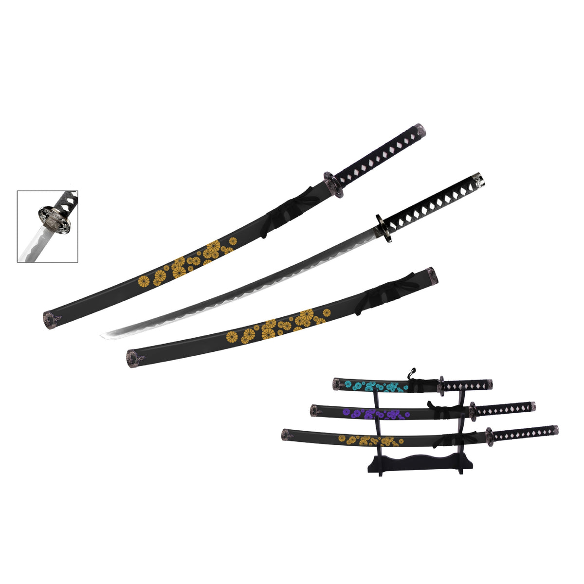 Black Floral Samurai Metal Sword Set of 3