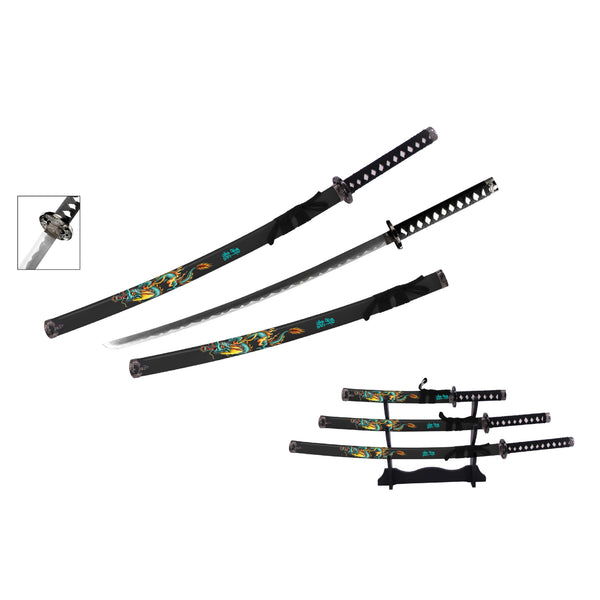 Black & Blue Dragon Samurai Metal Sword Set of 3