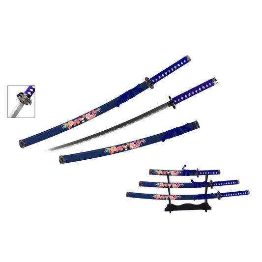 Blue Floral Samurai Metal Sword Set of 3