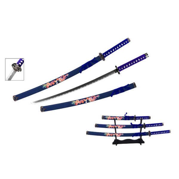 Blue Floral Samurai Metal Sword Set of 3