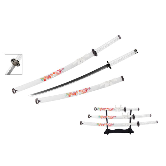 White Floral Samurai Metal Sword Set of 3