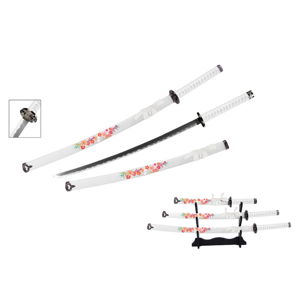 White Floral Samurai Metal Sword Set of 3