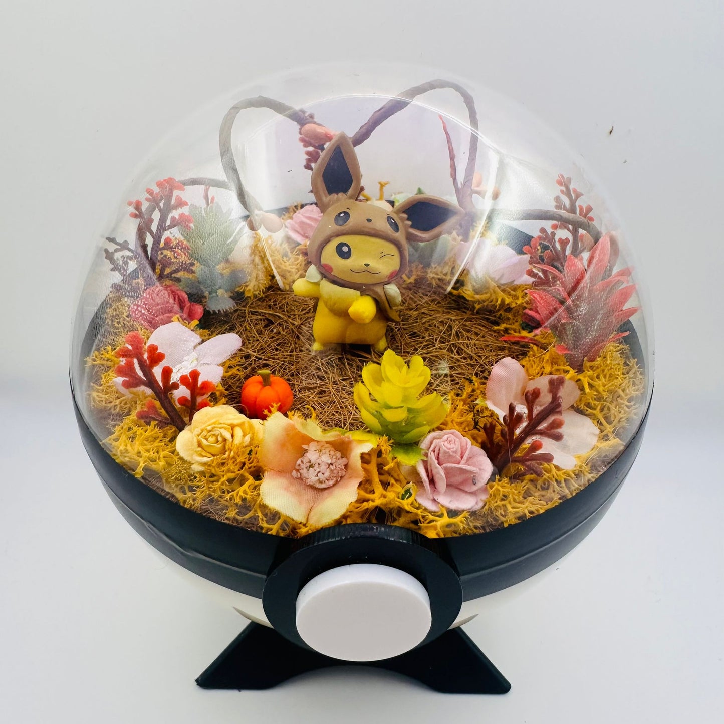 Pokemon Pikachu in Eevee Outfit Crystal Terrarium Plains White Poke Ball Handmade