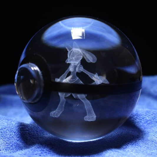 Lucario Pokemon Glass Crystal Pokeball 68 with Light-Up LED Base Ornament 80mm XL Size