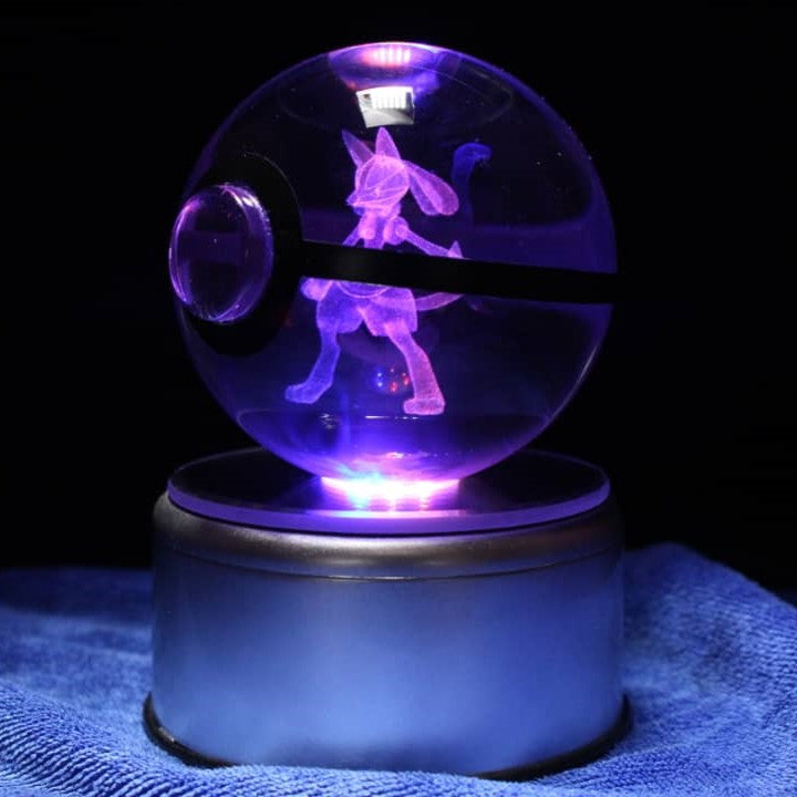 Lucario Pokemon Glass Crystal Pokeball 68 with Light-Up LED Base Ornament 80mm XL Size