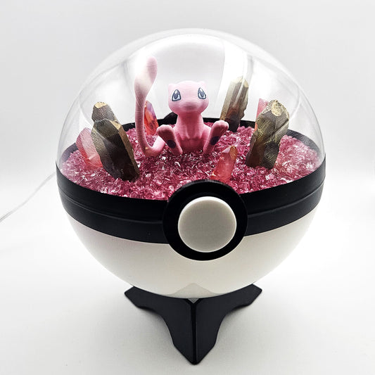 Pokemon Mew Light Up LED Crystal Terrarium Dark Pink/White Poke Ball Handmade