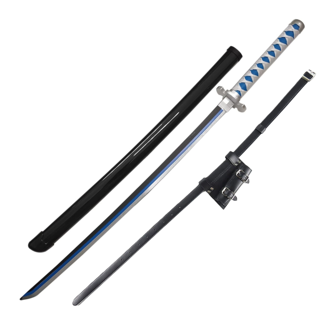 Demon Slayer Tanjiro Blue Flame Wooden Sword Cosplay Prop Replica With PU Sword Belt Bundle