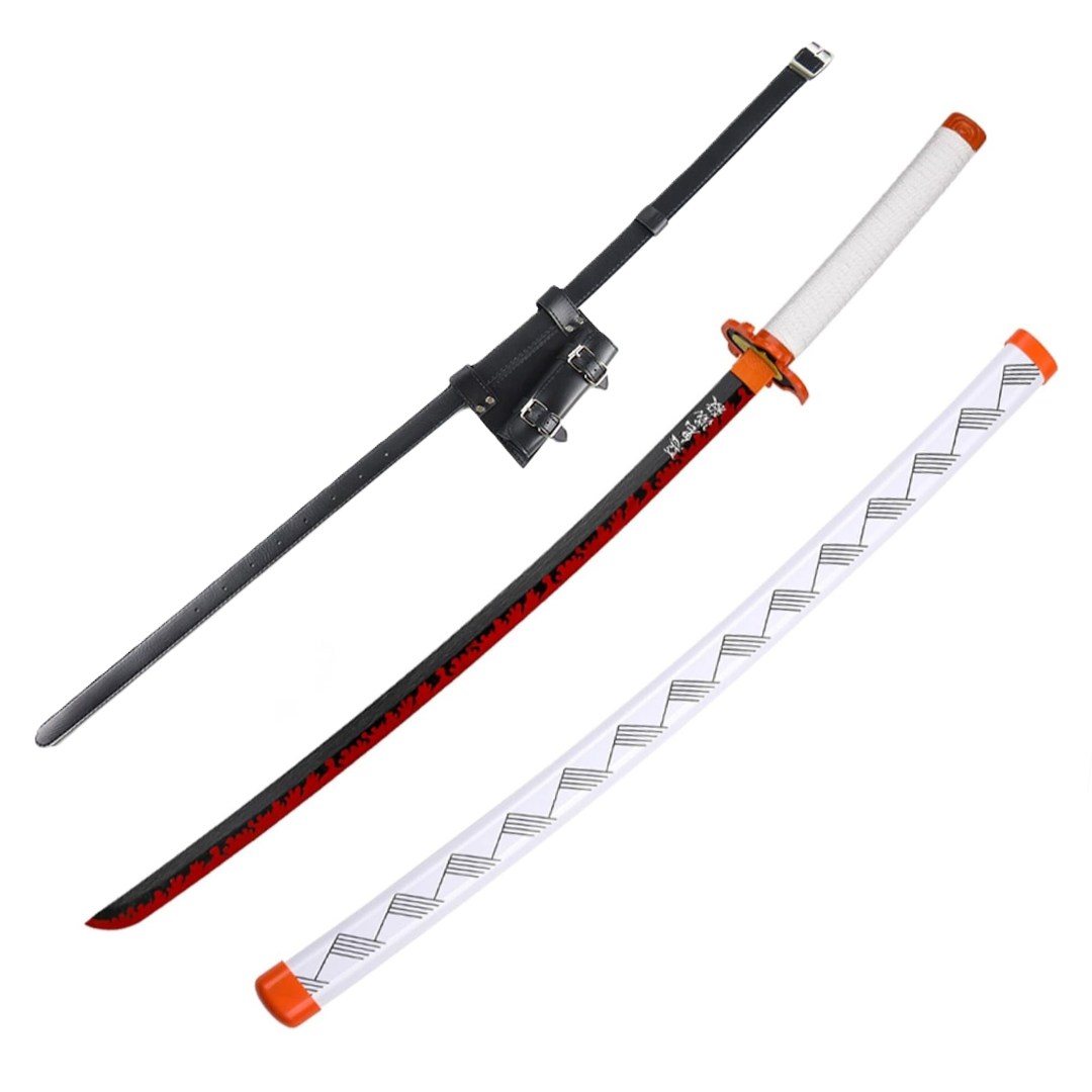 Demon Slayer Kyojuro Rengoku Nichirin Blade Wooden Bamboo Cosplay Sword With PU Sword Belt Bundle