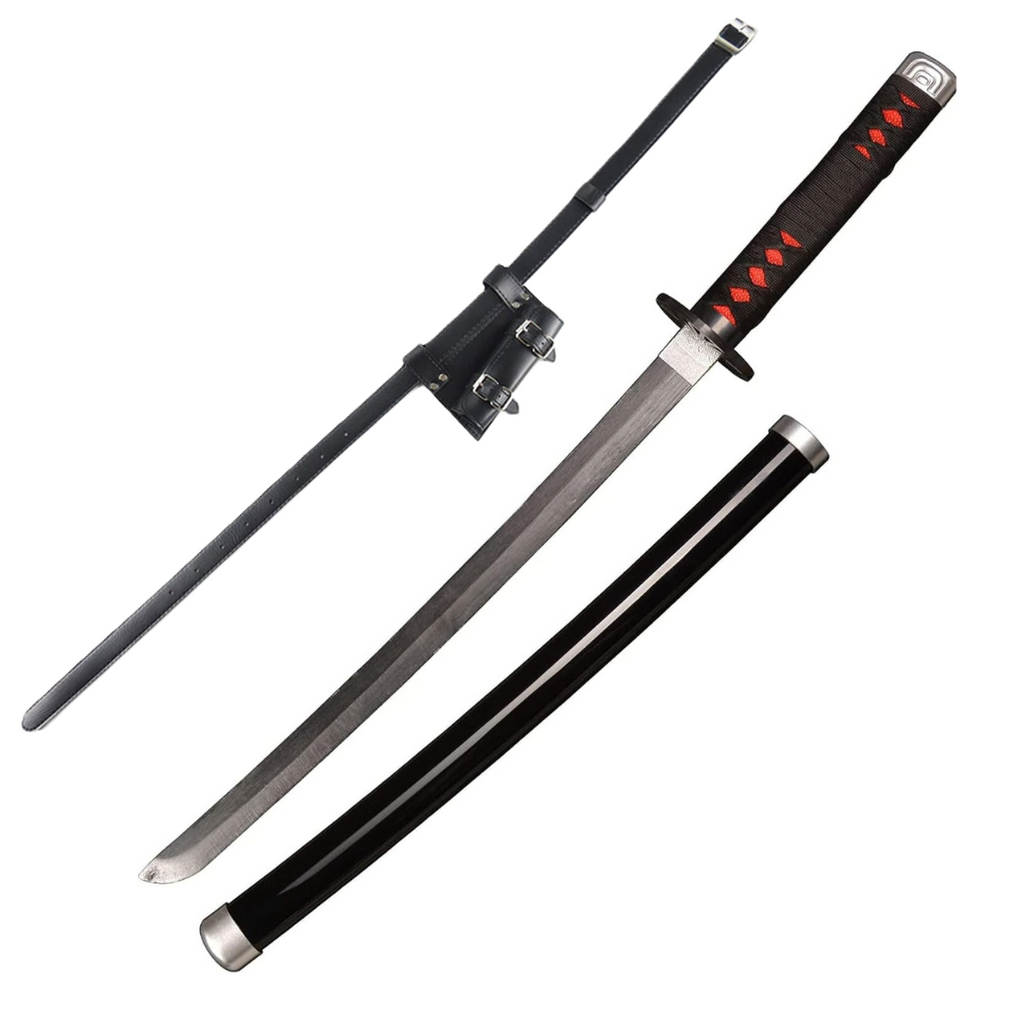 Demon Slayer Tanjiro Kamado Nichirin Blade Wooden Bamboo Cosplay Sword With PU Sword Belt Bundle