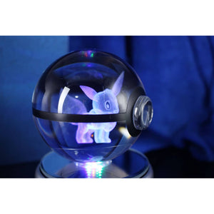 Eevee Pokemon Glass Crystal Pokeball 6 with Light-Up LED Base Ornament 80mm XL Size