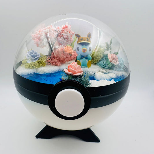 Pokemon Piplup in Eevee outfit Crystal Terrarium Blossom White Poke Ball Handmade