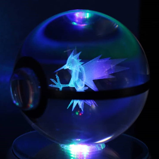 Zapdos Pokemon Glass Crystal Pokeball 81 with Light-Up LED Base Ornament 80mm XL Size