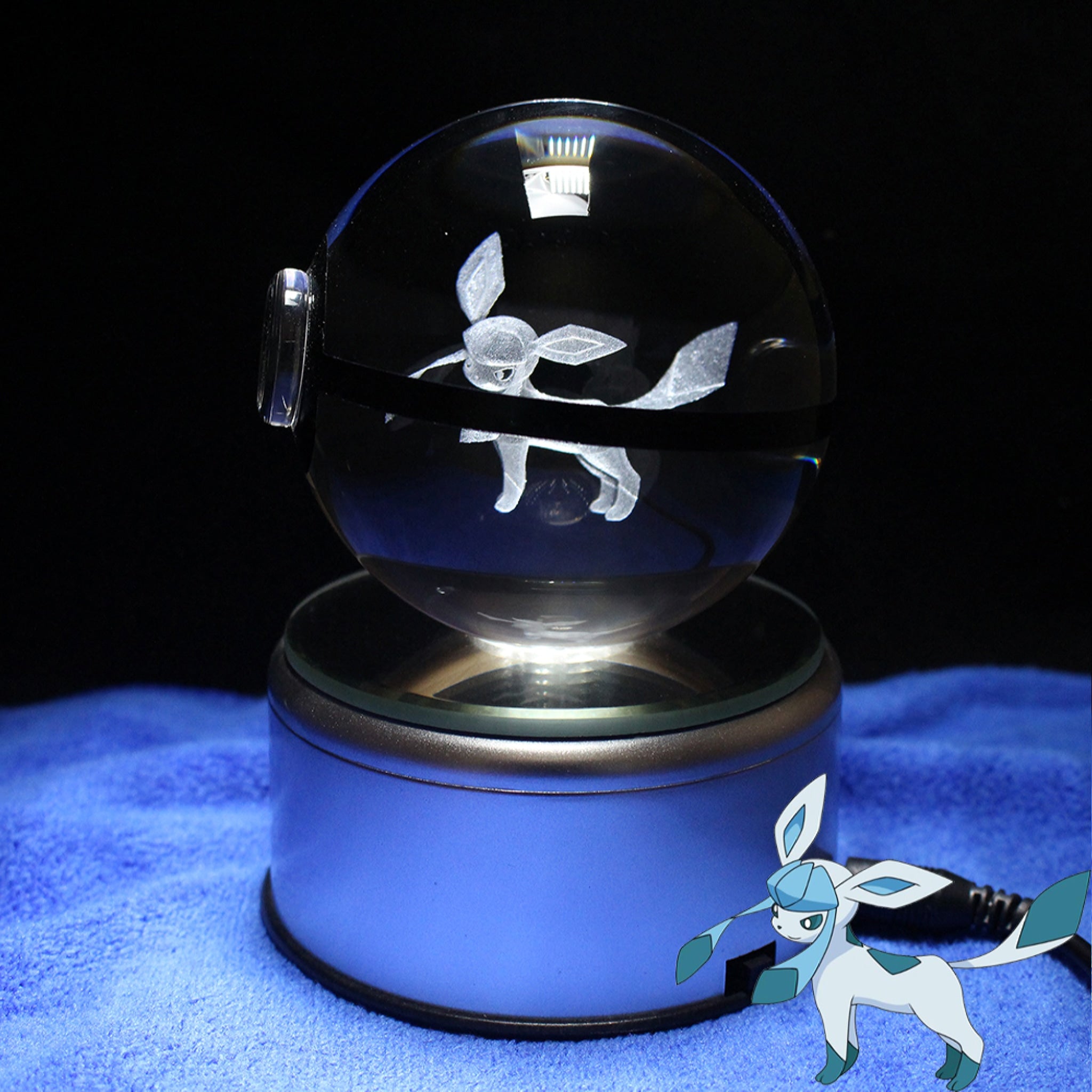 Glaceon Pokemon Glass Crystal Pokeball 24 with Light-Up LED Base Ornament 80mm XL Size