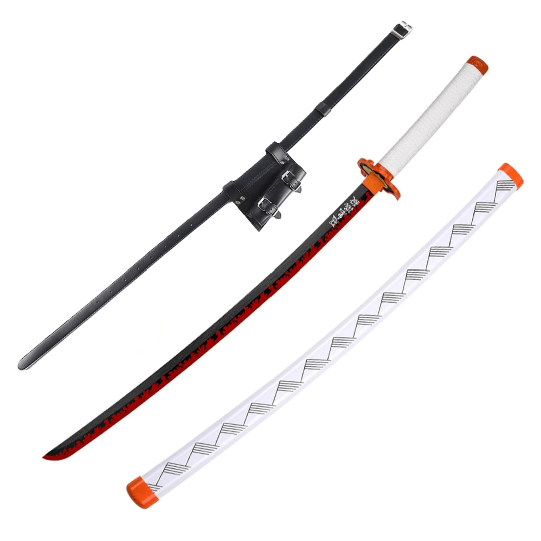 Demon Slayer Kyojuro Rengoku Nichirin Blade Wooden Bamboo Cosplay Sword With PU Sword Belt Bundle - NEXTLEVELUK