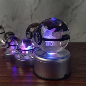 Eevee Pokemon Glass Crystal Pokeball 6 with Light-Up LED Base Ornament 80mm XL Size