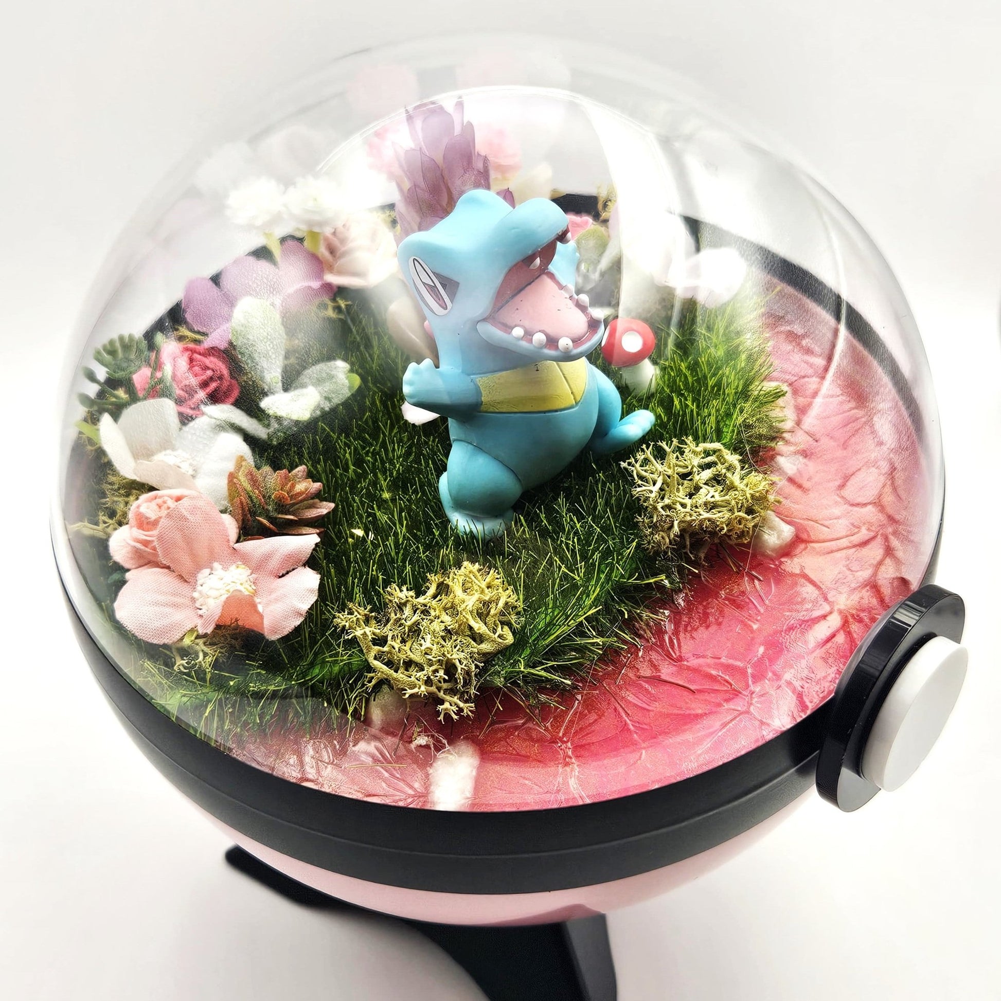 Pokemon Totodile Crystal Terrarium Lake Pink Poke Ball Handmade - NEXTLEVELUK