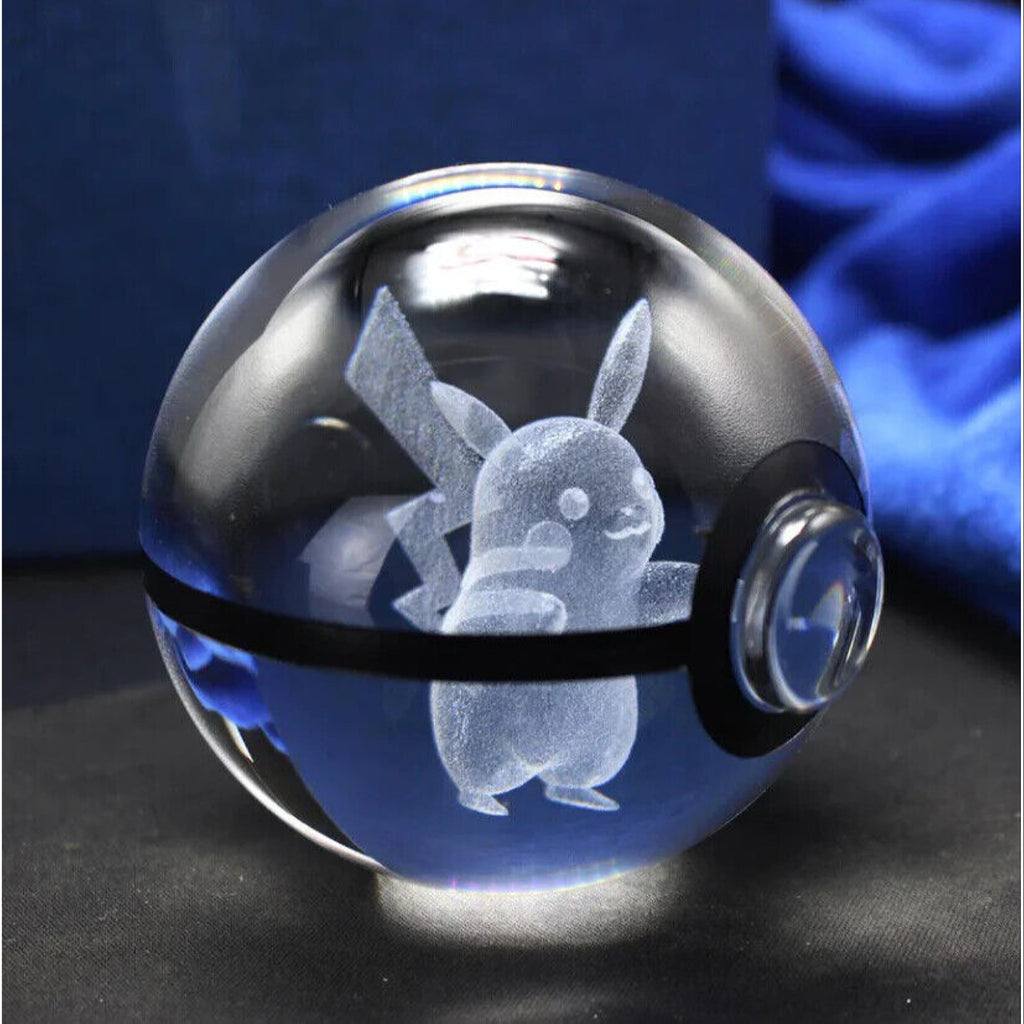 Pikachu Pokemon Glass Crystal Pokeball 4 with Light-Up LED Base Ornament 80mm XL Size