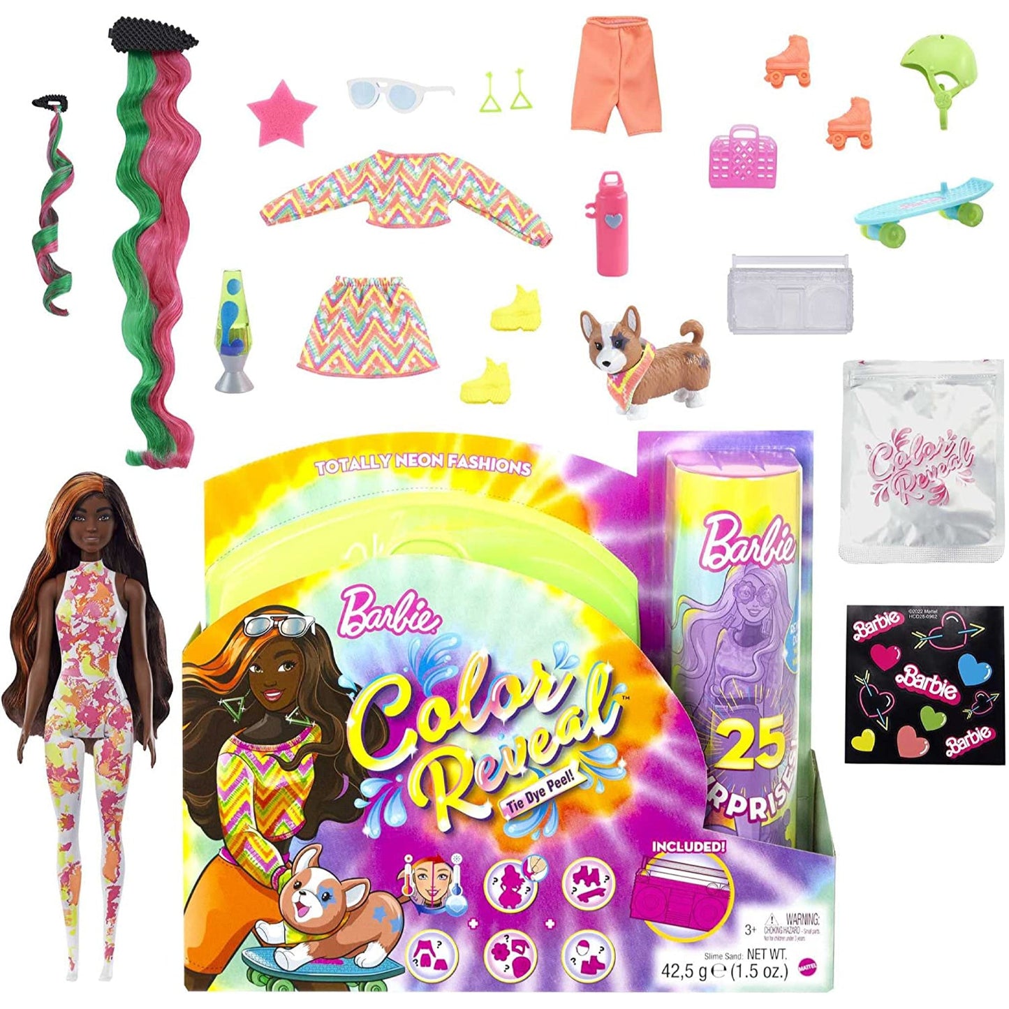 Barbie Color Reveal Tie Dye Peel! Totally Neon Fashions Doll with Orange - Streaked Brunette Hair and 25 Surprises - NEXTLEVELUK
