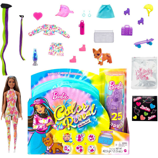 Barbie Color Reveal Tie Dye Peel! Totally Neon Fashions Doll with Blue-Streaked Brunette Hair and 25 Surprises