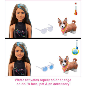 Barbie Color Reveal Tie Dye Peel! Totally Neon Fashions Doll with Blue-Streaked Brunette Hair and 25 Surprises
