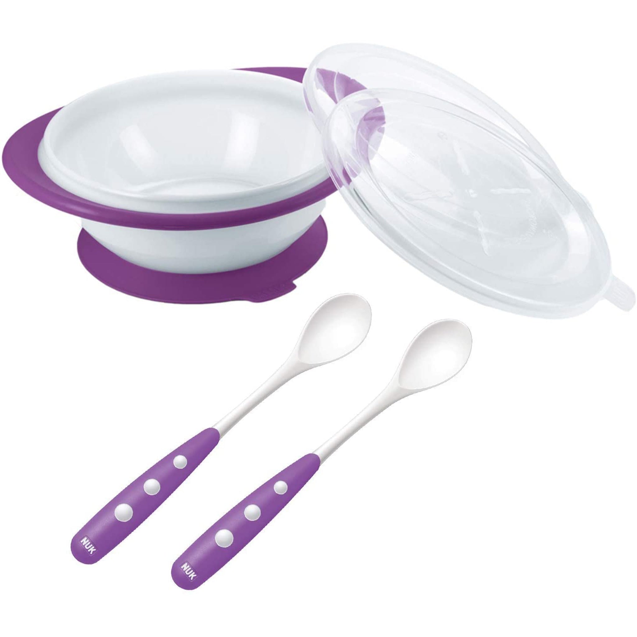 NUK Learn to Eat Training Set Sippy Cup with Feeding Bowl and Spoons Purple
