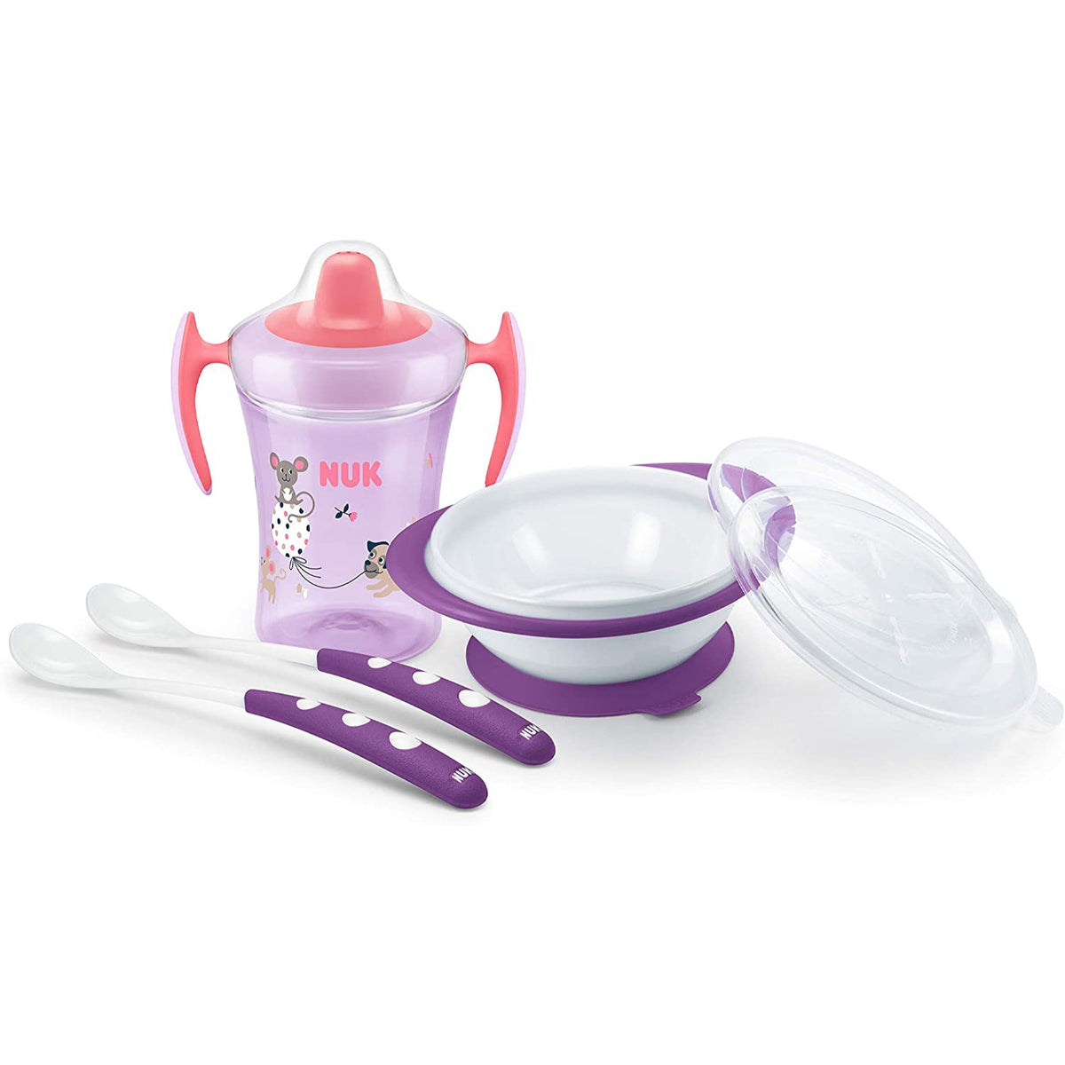 NUK Learn to Eat Training Set Sippy Cup with Feeding Bowl and Spoons Purple - NEXTLEVELUK