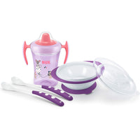 NUK Learn to Eat Training Set Sippy Cup with Feeding Bowl and Spoons Purple - NEXTLEVELUK