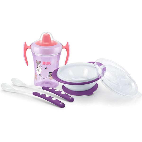 NUK Learn to Eat Training Set Sippy Cup with Feeding Bowl and Spoons Purple
