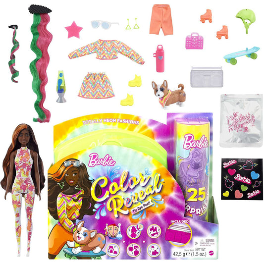 Barbie Color Reveal Tie Dye Peel! Totally Neon Fashions Doll with Orange-Streaked Brunette Hair and 25 Surprises