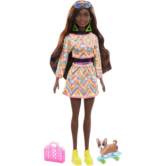 Barbie Color Reveal Tie Dye Peel! Totally Neon Fashions Doll with Orange-Streaked Brunette Hair and 25 Surprises