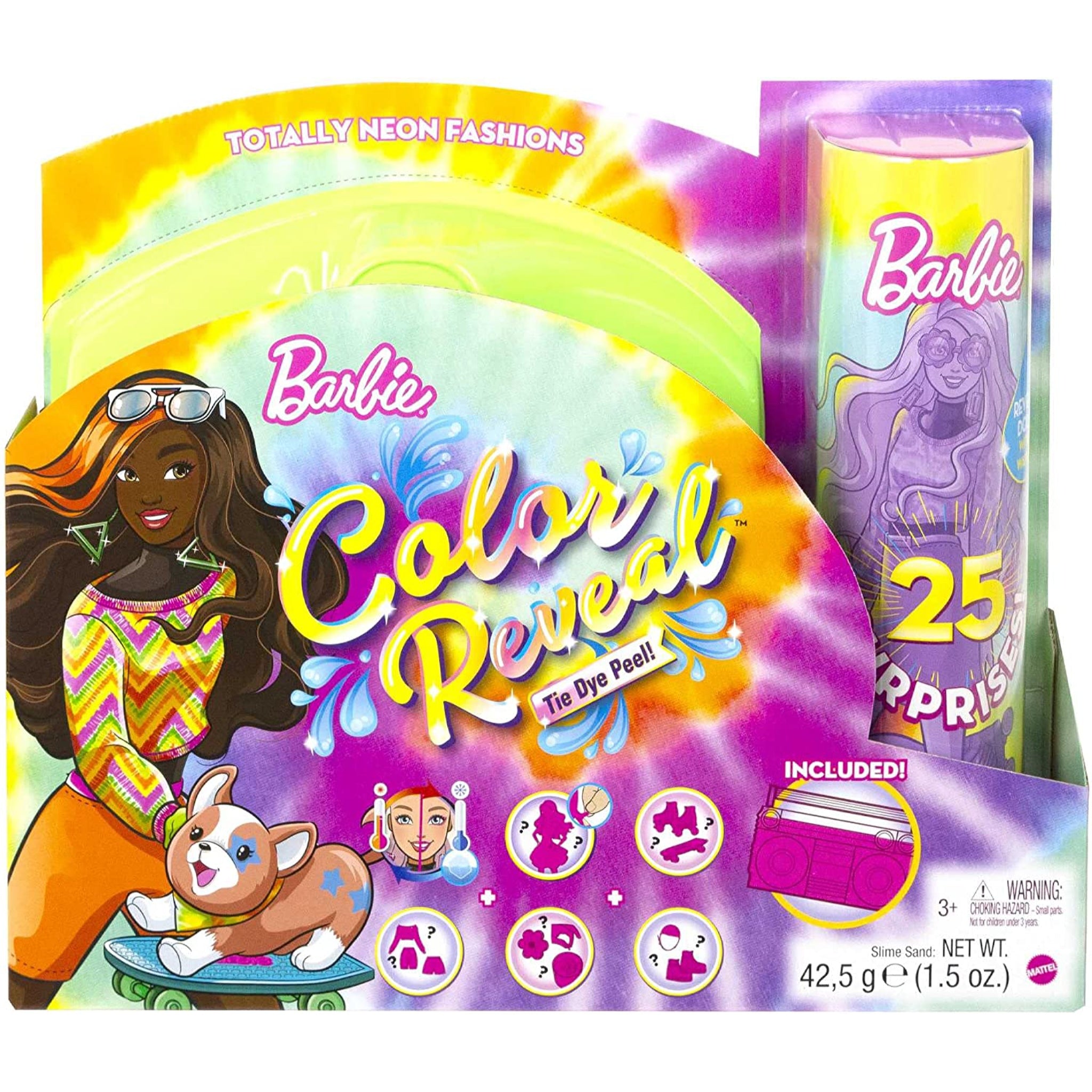 Barbie Color Reveal Tie Dye Peel! Totally Neon Fashions Doll with Orange-Streaked Brunette Hair and 25 Surprises